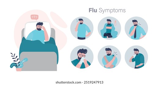 Cara doente em casa. Personalidade masculina com sintomas de gripe. Homem deitado na cama e coberto de cobertor. Design de interiores de quarto. Infográfico com sintomas de gripe. Conceito de banner médico. ilustração de vetor plana