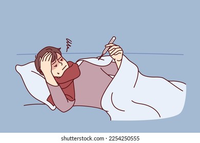 Sick guy lies on sofa or bed under blanket and looks at thermometer after walk in park in cold weather. Weakened man needs medicine for flu or viral epidemic that causes fever. Flat vector design 