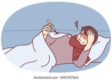 Sick guy lies on sofa or bed under blanket and looks at thermometer after walk in park in cold weather. Weakened man needs medicine for flu or viral epidemic that causes fever. Flat vector design