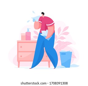 Sick guy spreading coronavirus germs while coughing and sneezing into tissue while spending time at home during disease pandemic. . Flat vector illustration. Coronavirus 2019-nCoV prevention