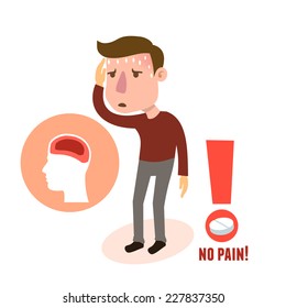 Sick headache male person character with pill vector illustration