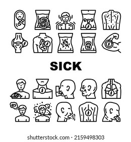 Sick Health Problem And Allergy Icons Set Vector. Children Pain And Backache Sick, Burning In Stomach And Feeling Of Heaviness, Sore Throat And Disorientation Disease Black Contour Illustrations