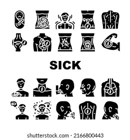 Sick Health Problem And Allergy Icons Set Vector. Children Pain And Backache Sick, Burning In Stomach And Feeling Of Heaviness, Sore Throat Disorientation Disease Glyph Pictograms Black Illustration