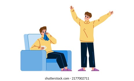 Sick And Healthy Man Happy After Illness Vector. Sick Man With Runny Nose Sitting In Armchair And Drinking Tea, Happiness Guy Resting After Disease Treatment. Characters Flat Cartoon Illustration