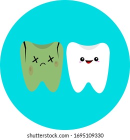 dientes enfermos y sanos diferentes personajes de caricatura sobre un concepto de odontología e higiene de fondo azul