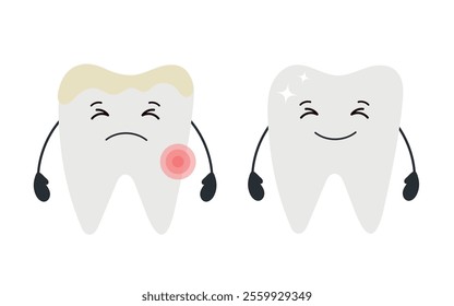 Sick and healthy tooth hand drawn in cartoon flat style. Vector illustration about the need for oral care