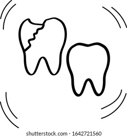 Sick and healthy tooth isolated in doodle style. Broken tooth on white background. Vector illustration for dentist. 