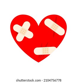 Sick heart with bandages. Wounded heart with plaster