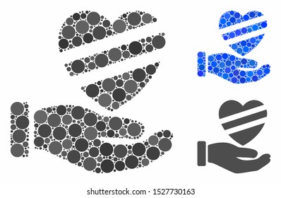 Sick heart care hand composition of small circles in variable sizes and color tones, based on sick heart care hand icon. Vector small circles are grouped into blue illustration.