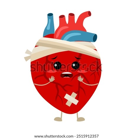 Sick heart cartoon character in flat design on white background. Heart disease concept vector illustration.