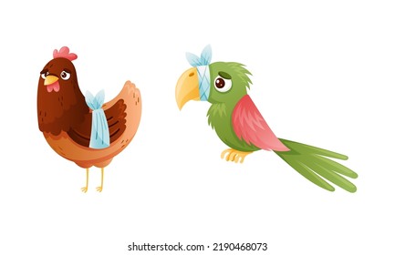 Sick Hen and Parrot Animal with Bandage on Wing and Beak Vector Set