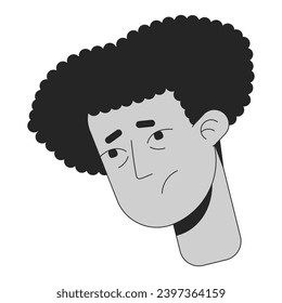 Sick hispanic young adult man black and white 2D vector avatar illustration. Sad hanging head male latin american outline cartoon character face isolated. Guy suffering ill flat user profile image