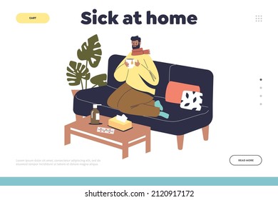 Sick at home concept of landing page with suffer from sore throat pain, cough and fever take medicines and drink warm tea with scarf on neck. Illness and infection. Cartoon flat vector illustration