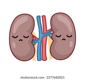 Riñones humanos enfermos con cara triste. Icono de vector plano sobre fondo blanco