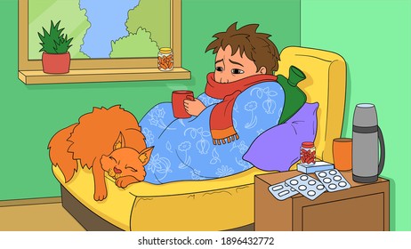 Sick human on couch. Patient at home with medication treatment. Symptoms of disease. Vector illustration.