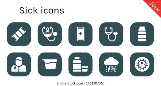 sick icon set. 10 filled sick icons.  Collection Of - Stretcher, Stethoscope, Syrup, Veterinarian, Depression, Bacteria