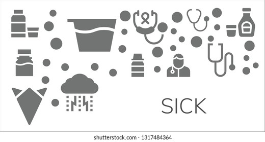 sick icon set. 11 filled sick icons.  Collection Of - Syrup, Handkerchief, Veterinarian, Stethoscope, Depression