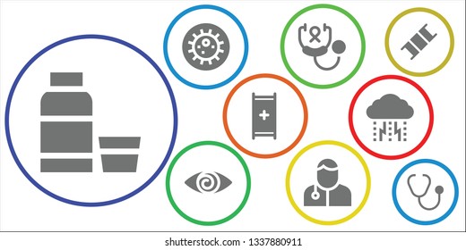 sick icon set. 9 filled sick icons.  Simple modern icons about  - Syrup, Bacteria, Stethoscope, Fatigue, Veterinarian, Stretcher, Depression