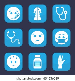 Sick icon. set of 9 filled sick icons such as sweating emot, sick emot, emoji in mask, stethoscope, nurse gown, medicine