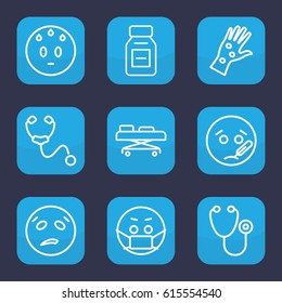 Sick icon. set of 9 outline sick icons such as stethoscope, medicine, hospital stretch, arm rash, sweating emot, sick emot