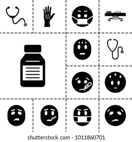 Sick icons. set of 13 editable filled sick icons such as sweating emot, sick emot, emoji in mask, medicine, stethoscope, hospital stretch