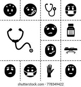 Sick icons. set of 13 editable filled sick icons such as sweating emot, sick emot, emoji in mask, stethoscope, medicine, hospital stretch