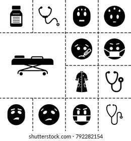 Sick icons. set of 13 editable filled sick icons such as sweating emot, sick emot, emoji in mask, stethoscope, nurse gown, medicine