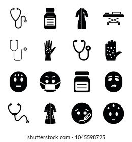 Sick icons. set of 16 editable filled sick icons such as sweating emot, sick emot, emoji in mask, stethoscope, nurse gown, medicine, arm rash