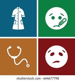 Sick icons set. set of 4 sick filled icons such as sweating emot, sick emot, nurse gown