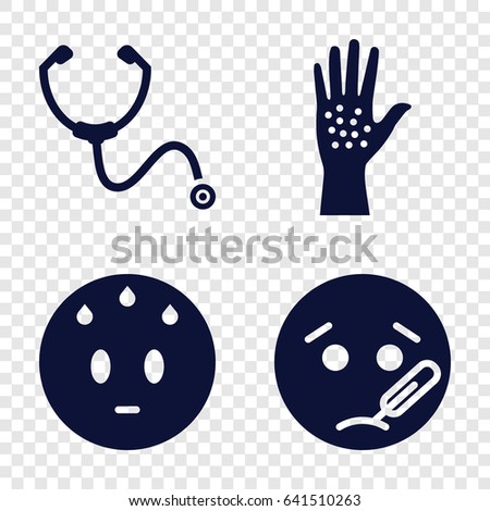 Sick icons set. set of 4 sick filled icons such as sweating emot, sick emot, stethoscope