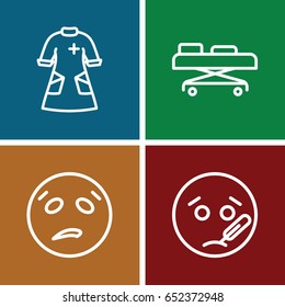 Sick icons set. set of 4 sick outline icons such as nurse gown, hospital stretch, sweating emot