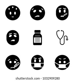 Sick icons. set of 9 editable filled sick icons such as sweating emot, sick emot, emoji in mask, medicine