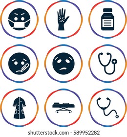 sick icons set. Set of 9 sick filled icons such as sweating emot, sick emot, emoji in mask, stethoscope, nurse gown, medicine, hospital stretch
