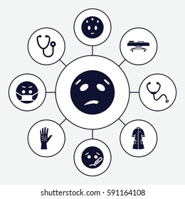 sick icons set. Set of 9 sick filled icons such as sweating emot, sick emot, emoji in mask, stethoscope, nurse gown, hospital stretch