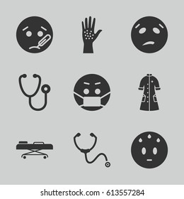 Sick icons set. set of 9 sick filled icons such as sweating emot, sick emot, emoji in mask, stethoscope, nurse gown, hospital stretch