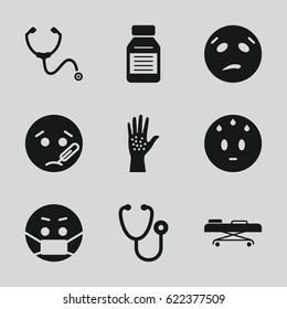 Sick icons set. set of 9 sick filled icons such as sweating emot, sick emot, emoji in mask, stethoscope, medicine, hospital stretch