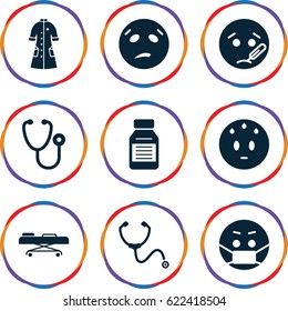 Sick icons set. set of 9 sick filled icons such as sweating emot, sick emot, emoji in mask, stethoscope, nurse gown, medicine