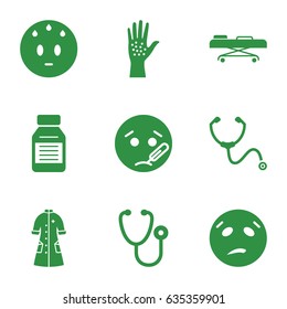 Sick icons set. set of 9 sick filled icons such as sweating emot, sick emot, stethoscope, nurse gown, medicine, hospital stretch