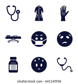 Sick icons set. set of 9 sick filled icons such as sweating emot, emoji in mask, stethoscope, nurse gown, medicine, hospital stretch