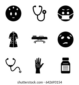 Sick icons set. set of 9 sick filled icons such as sweating emot, emoji in mask, stethoscope, nurse gown, medicine, hospital stretch