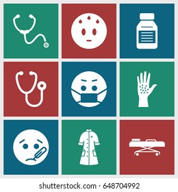 Sick icons set. set of 9 sick filled icons such as sweating emot, sick emot, emoji in mask, stethoscope, nurse gown, medicine, hospital stretch