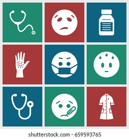 Sick icons set. set of 9 sick filled icons such as sweating emot, sick emot, emoji in mask, stethoscope, nurse gown, medicine
