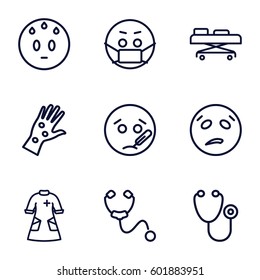 sick icons set. Set of 9 sick outline icons such as stethoscope, nurse gown, hospital stretch, arm rash, sweating emot, sick emot