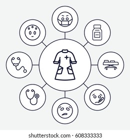 Sick icons set. set of 9 sick outline icons such as stethoscope, nurse gown, medicine, hospital stretch, sweating emot, sick emot