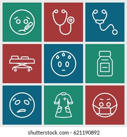 Sick icons set. set of 9 sick outline icons such as stethoscope, nurse gown, medicine, hospital stretch, sweating emot, sick emot