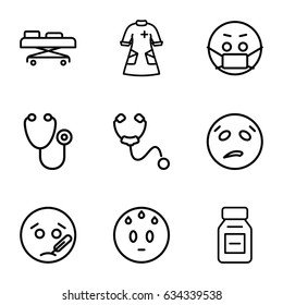 Sick icons set. set of 9 sick outline icons such as stethoscope, nurse gown, medicine, hospital stretch, sweating emot, sick emot