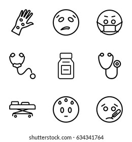 Sick icons set. set of 9 sick outline icons such as stethoscope, medicine, hospital stretch, arm rash, sweating emot, sick emot