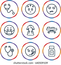 Sick icons set. set of 9 sick outline icons such as stethoscope, nurse gown, medicine, hospital stretch, sweating emot, sick emot