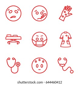Sick icons set. set of 9 sick outline icons such as stethoscope, nurse gown, hospital stretch, arm rash, sweating emot, sick emot