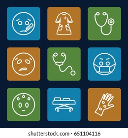 Sick icons set. set of 9 sick outline icons such as stethoscope, nurse gown, hospital stretch, arm rash, sweating emot, sick emot